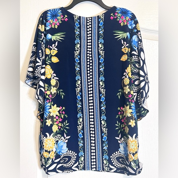 JM Collection Navy Mixed Print Flutter Short Sleeve Women’s Top L - Picture 4 of 10